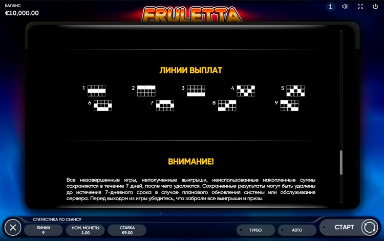 Настройки игрового автомата Fruletta слот